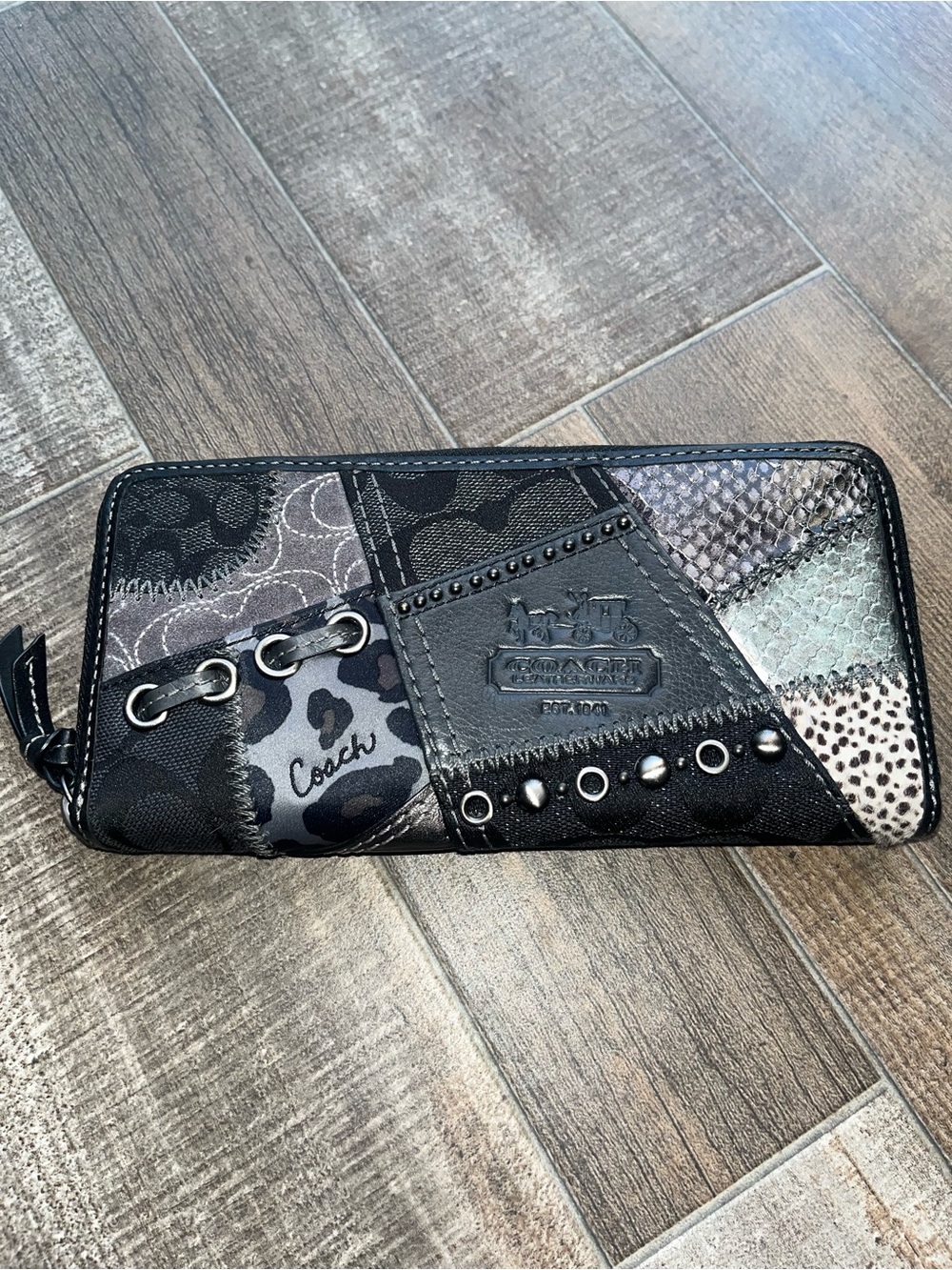 Coach Patchwork Black Gray Mixed-Print Zip Wallet